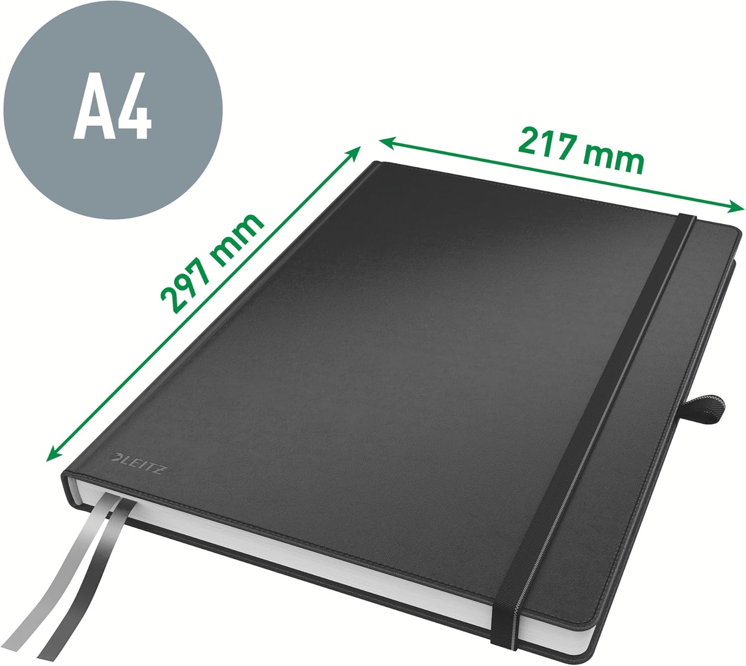 Leitz A4 Hard Cover Notebook, Black (80 Sheets, Squared Paper, with 2 Bookmarks, 100 GSM Ivory Paper, Complete Range)