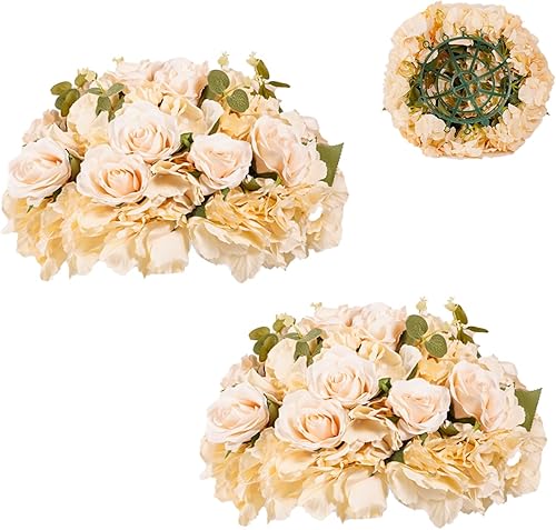 Miniatura 1 de Centro de mesa de boda de bolas de flores artificiales 2 piezas de hortensias de seda champán, centros de mesa florales para decoración de mesa,