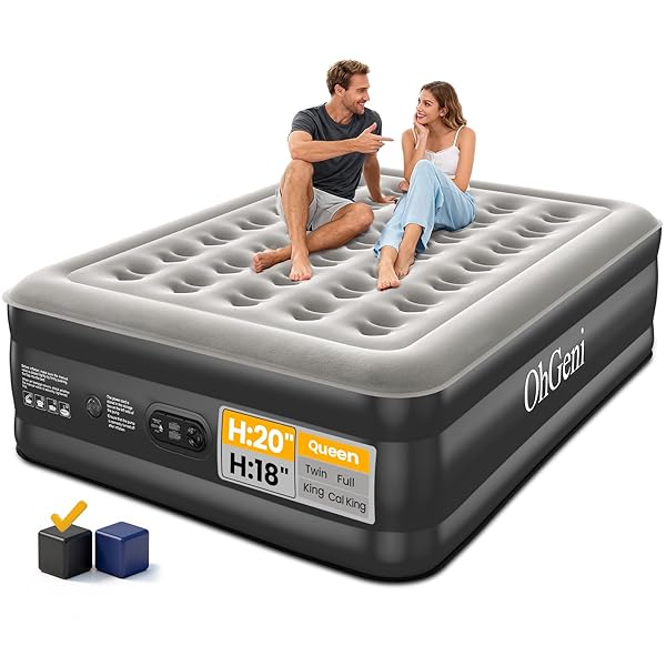 OhGeni 20" Queen Air Mattress with Built in Pump, Inflatable Blow up Bed, Upgraded Pillar Design, 3-Min Inflation Airbed for Guests,Better to Get up, 650LBS