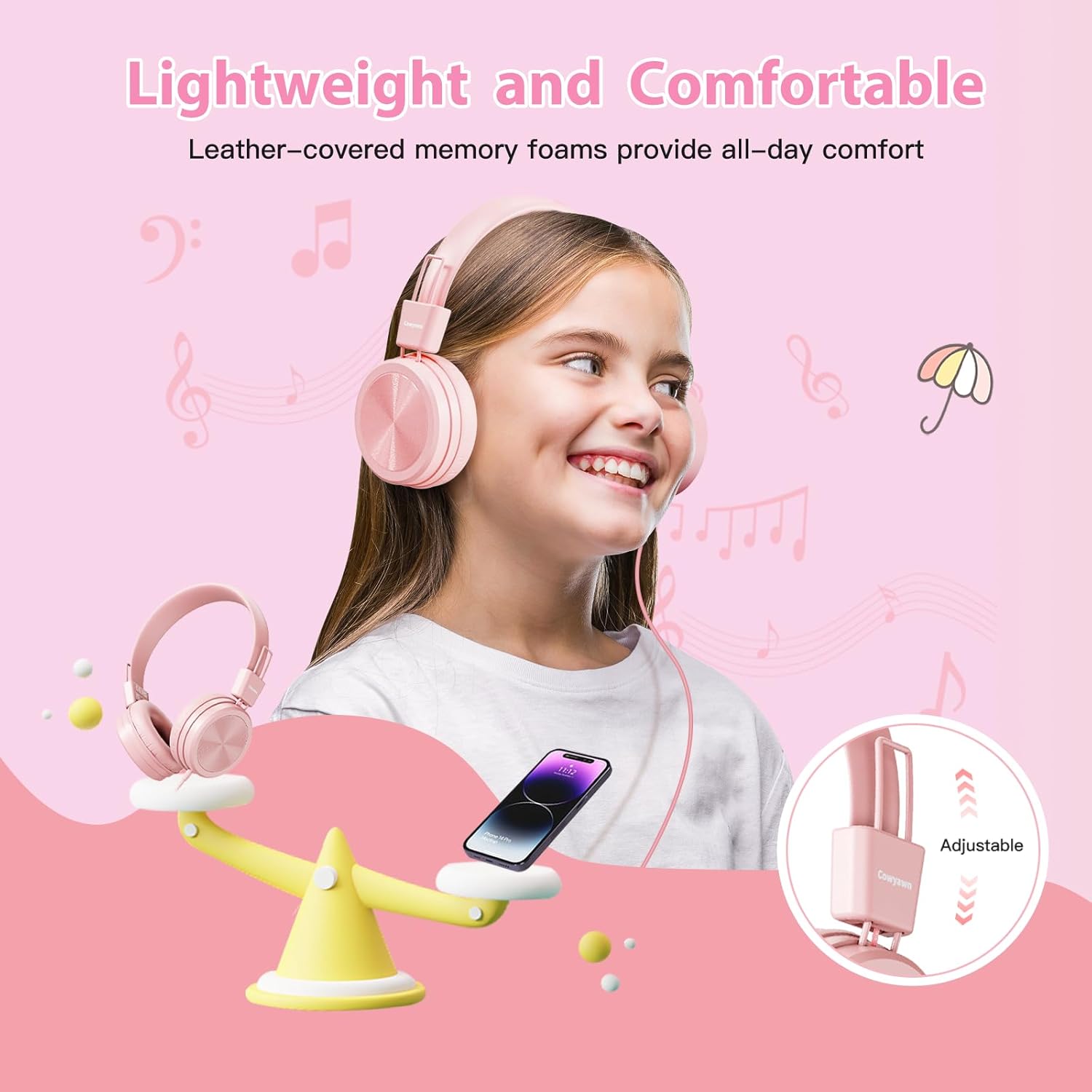 USB Type C Kids Headphones for School, 94dB Volume Limited, Kids Headphones with USB C Cord, HD Stereo Sound, Foldable Lightweight On-Ear USB-C Wired Headphones for Boys/Girls, Light Pink - Image 5