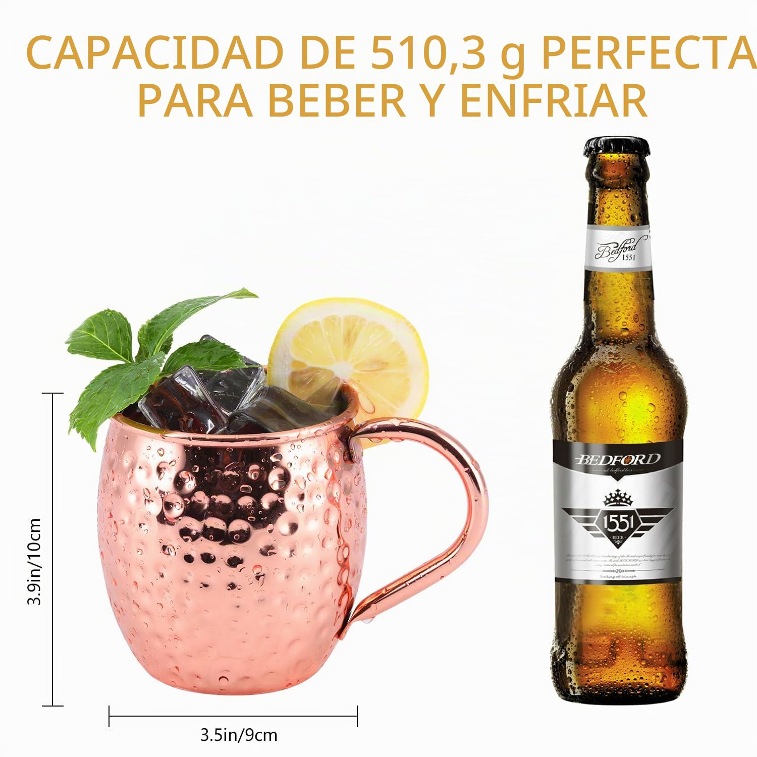 Moscow Mule Copper Mugs, Moscow Mule Tazas Juego de 4, Copas de Cobre Martillado Hecho a Mano, con 1 Vaso de Chupito y 4 Pajitas, Oro Rosa