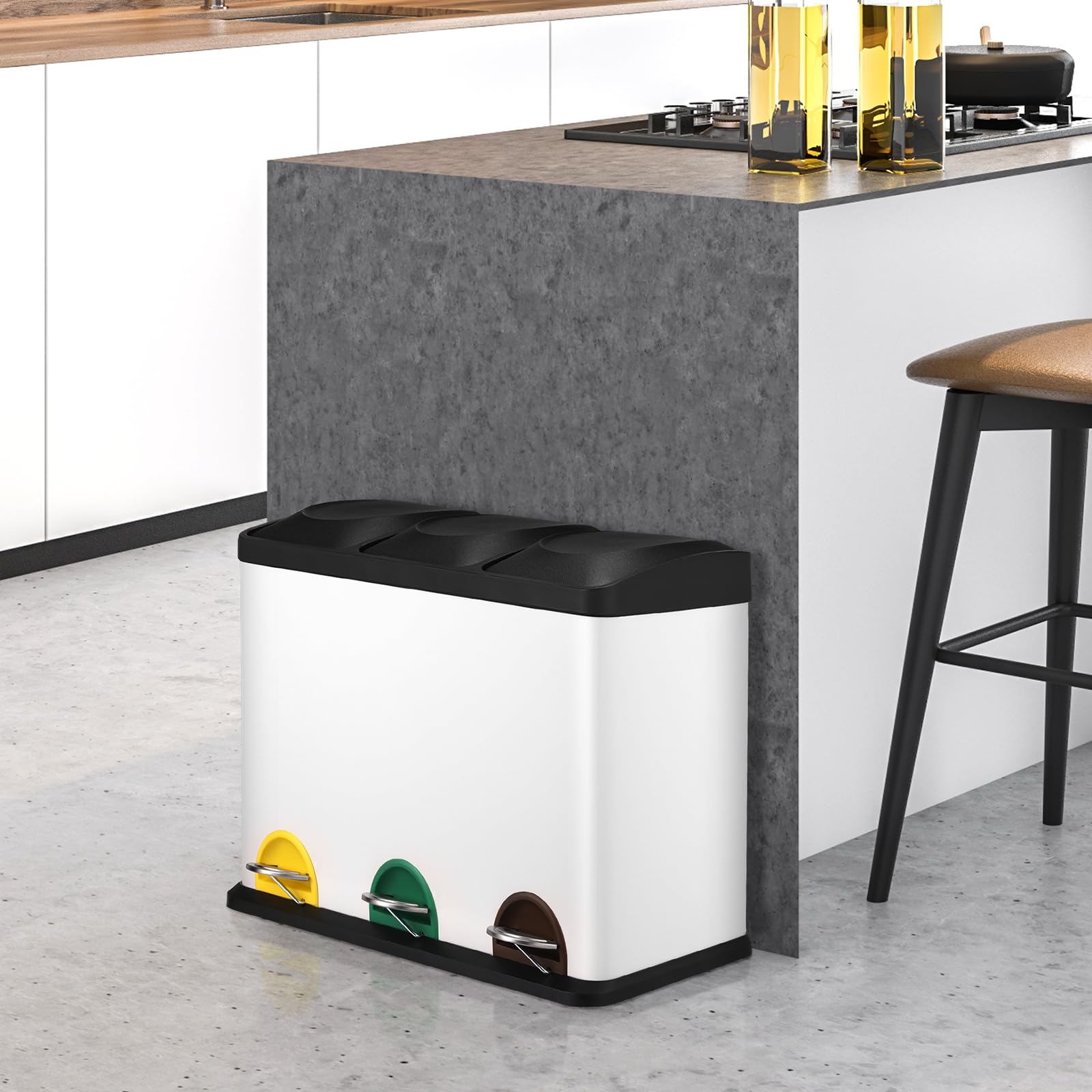 LIFERUN Cubo de Basura reciclaje 3 compartimentos, Papelera triple de cocina con pedal, Cubo de basura cocina de Metal 45 litros (3x15 L), Blanco