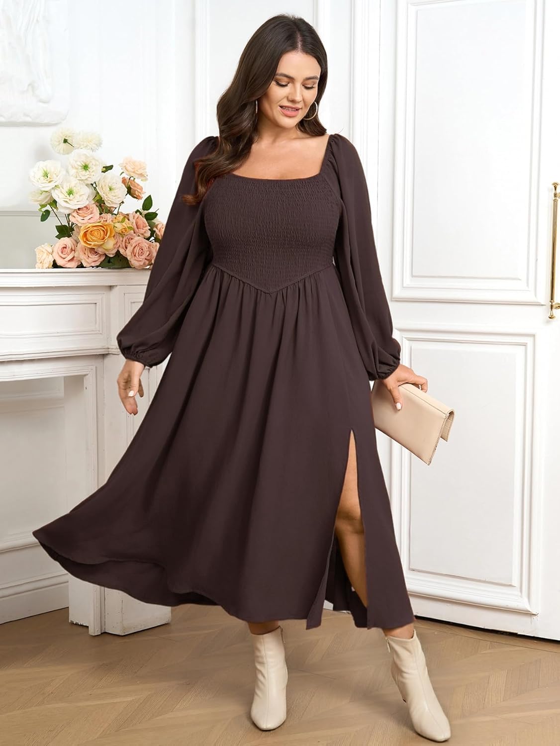 SCOMCHIC Women's Plus Size Fall Dresses Long Sleeve Square Neck Smocked Flowy A-Line Formal Wedding Guest Maxi Dress - Image 6
