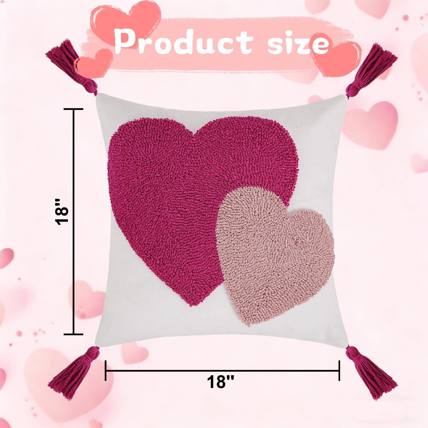 JASEN Valentine's Day Throw Pillow Covers 18x18 inch Love Heart Embroidered Cushion Cover Soft Decorative Pillow Case for Couch Sofa Bedroom Couples Valentine Gift Pink (Double Hearts, 18" x 18")