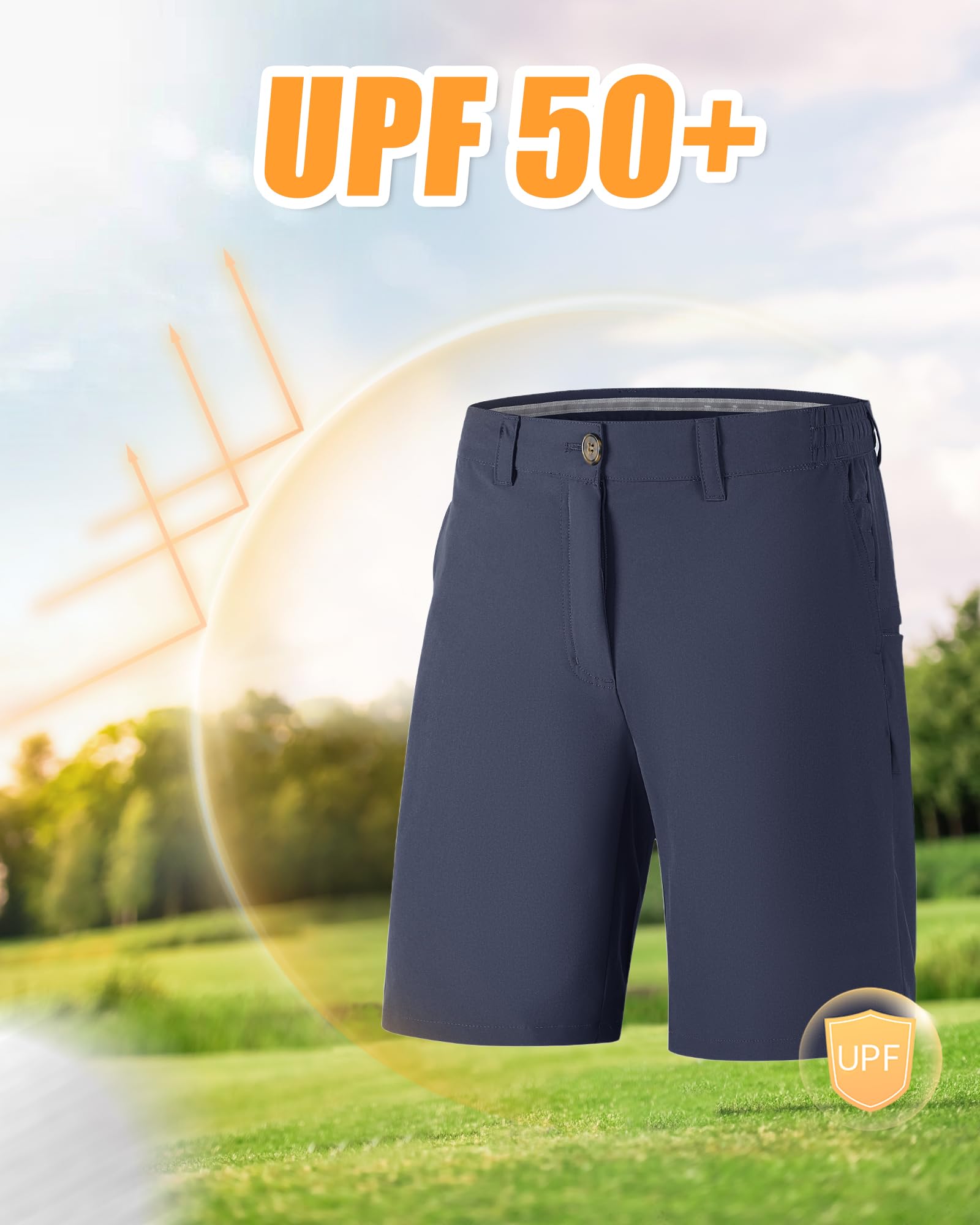 Outdoor Ventures Męskie szorty golfowe UPF 50+, elastyczne spodenki golfowe, lekkie, szybkoschnące, 20 cm, krótkie spodnie golfowe z 3 uchwytami na herbatę i kieszeniami do gry w golfa
