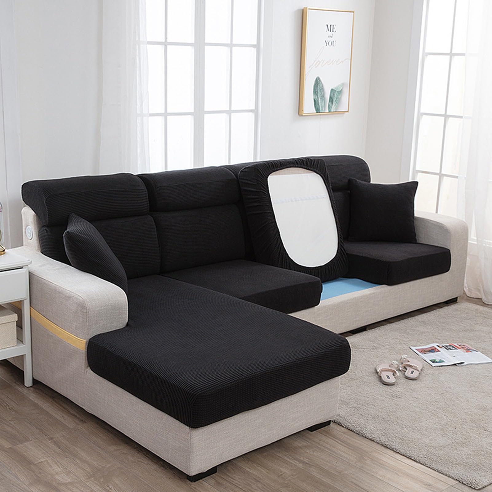 Housse canapé L élastique noire anti-tache facile à nettoyer pour chien et chat