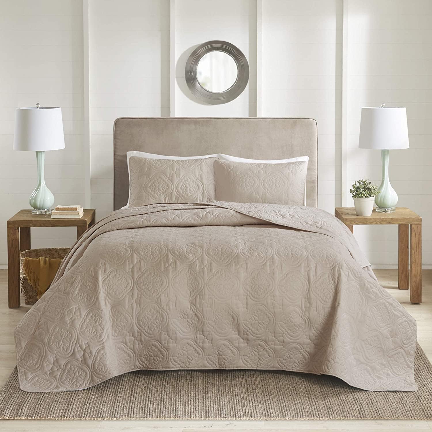 510 DESIGN Oakley Reversible Quilt Set-Luxe Stitching Design All Season, Lightweight Coverlet Bedspread Bedding, Matching Shams, Oversized Full/Queen(102"x118"), Medallion Khaki 3 Piece