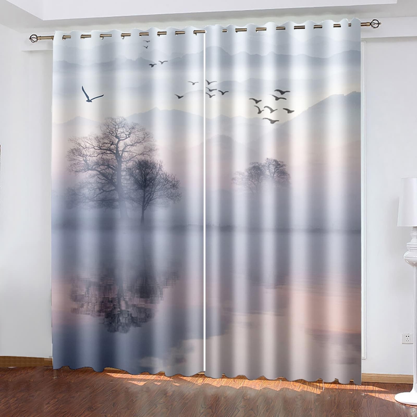 Verdunkelungsvorhänge, 137x183cm Hellgrau See Bäume und Vögel Landschaft Verdunklungsvorhänge mit Ösen