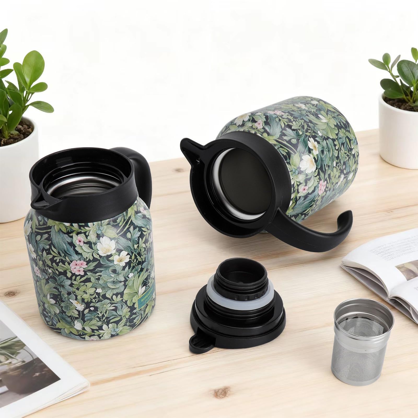 Caraffa Termica con Filtro per Tè, Thermos 1 Litro in Acciaio Inox con Motivo Floreale, Termos Caffè Doppio Strato, Sottovuoto Thermos Caffe, Thermos per Bevande Calde per Tè Latte
