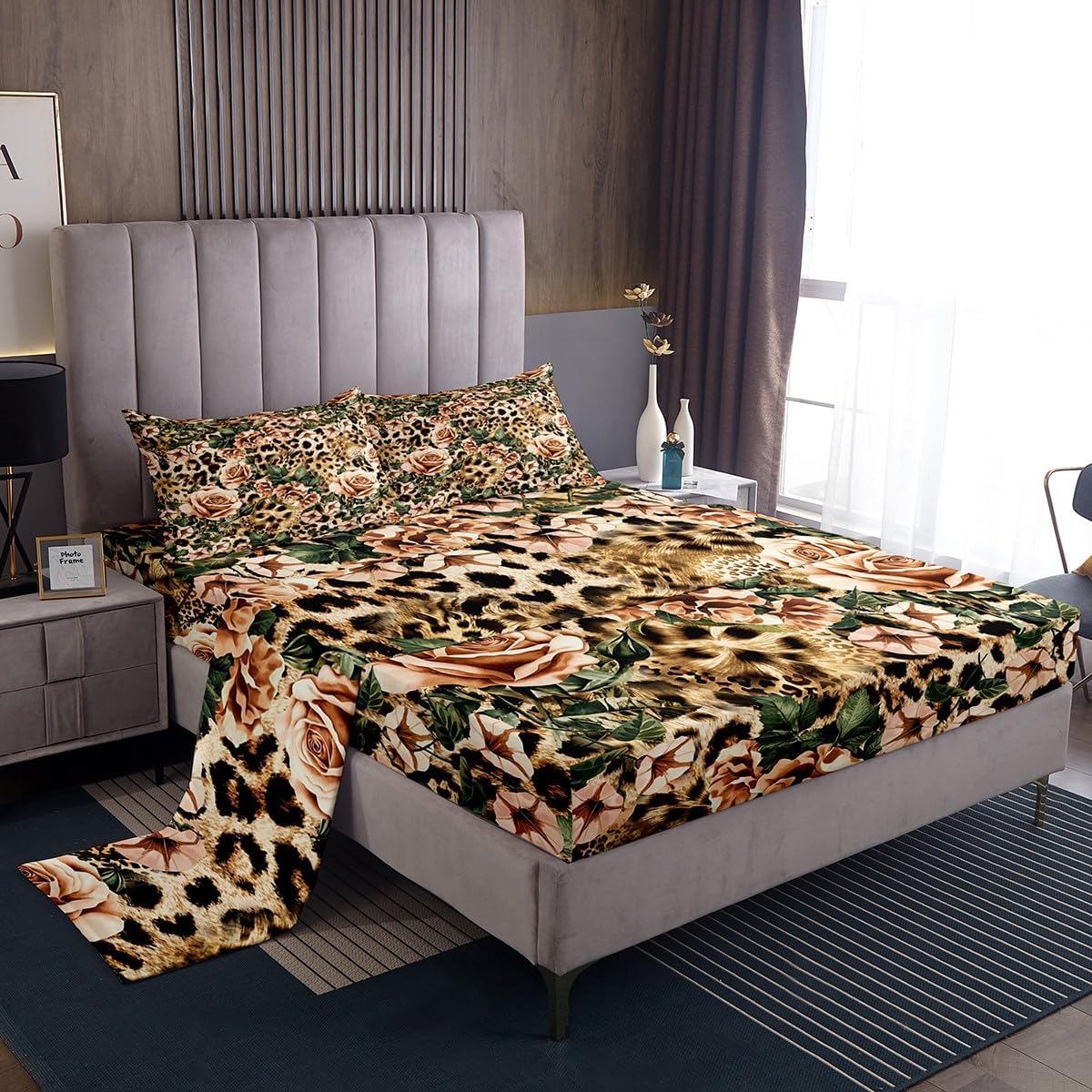 Leopard Print Sheet Set Queen,Cheetah Rose Bedding Set for Kids Teens Girls Adults,Floral Wild Animal Fashion Brown Bed Sheet Set 4pcs with Deep Pocket Fitted Sheet + Flat Sheet + 2 Pillowcases