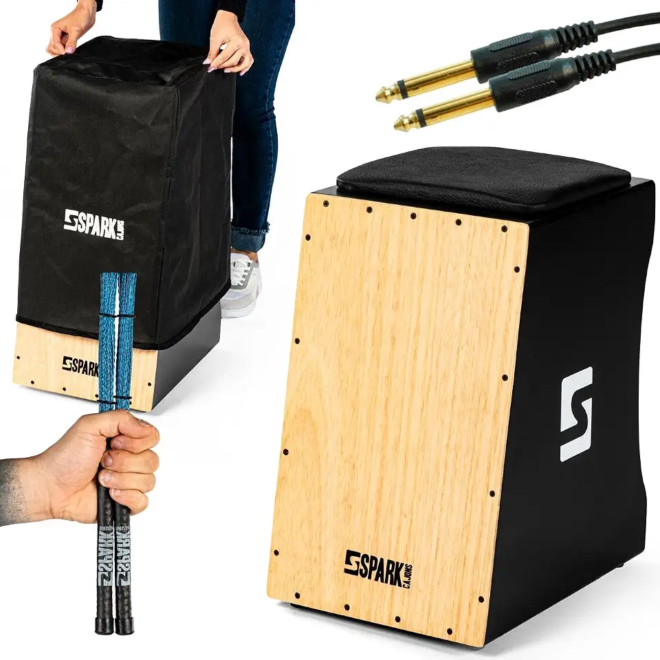 Cajon Eletroacústico com Capa Protetora, par de Vassourinha Profissional e Cabo P10 (Natural)