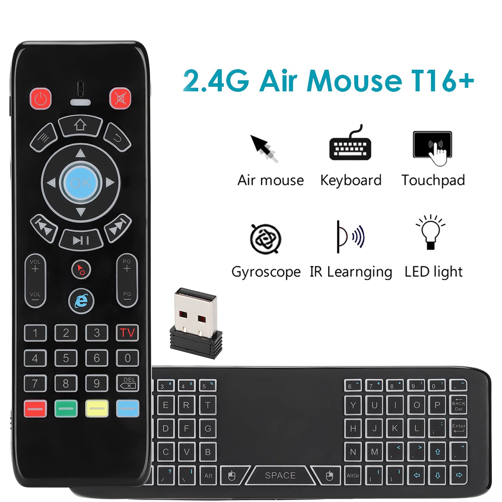 Sxhlseller Kabellose Fernbedienung mit Touchpad-Funktion, Beleuchtete Air-Fernbedienungsmaus, Multifunktionale Wiederaufladbare Tastaturmaus, IR-Lernfernbedienung Fly Air-Maus für PC ＆ Smart TV