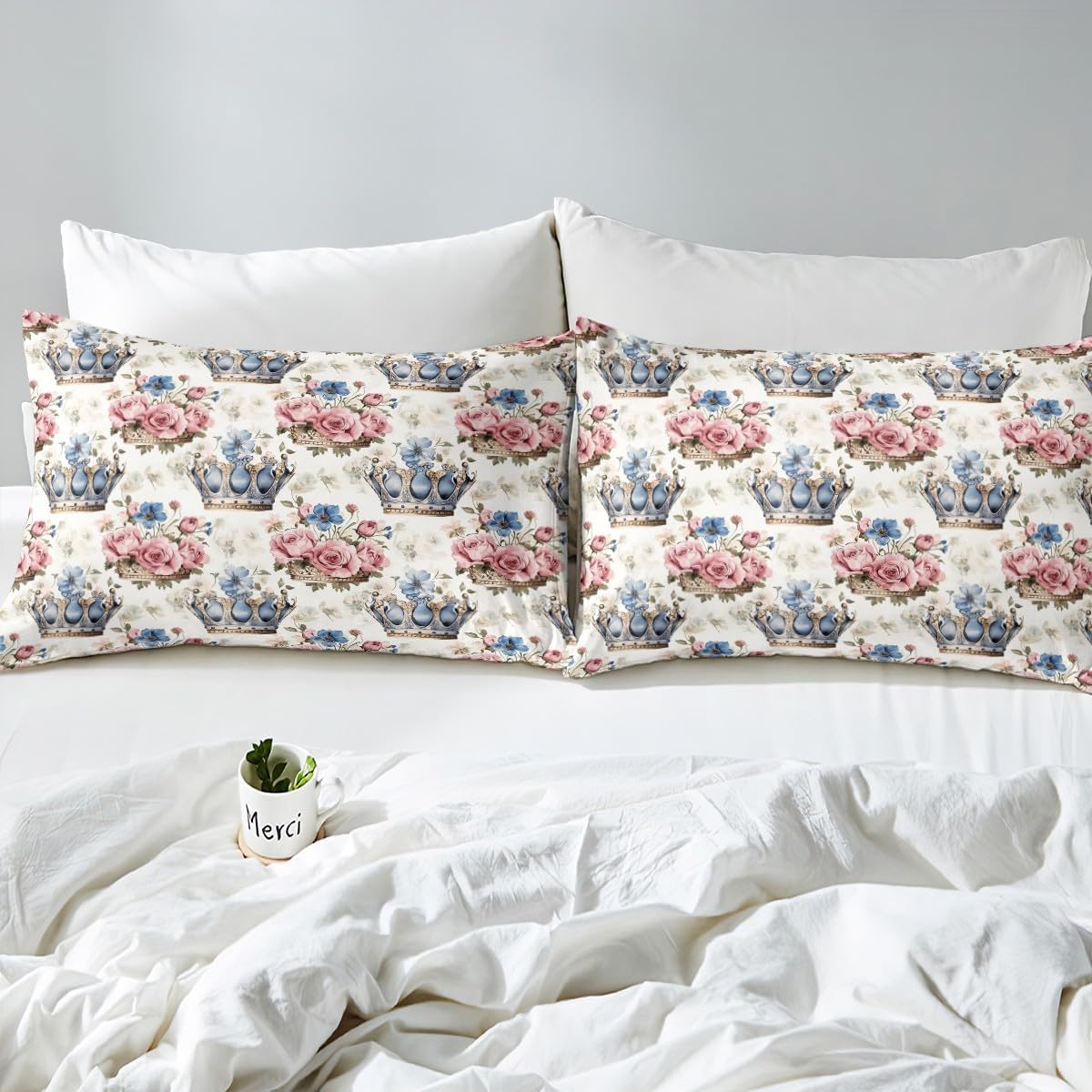 Manfei Princess Crown Bed Sheet Queen Size,Rustic Garden Roses Flowers Vintage Pink Blue Floral Sheets,Dreamy Fairy Tale Crown Deep Pocket Bedding Sets (1 Fitted,1 Flat,2 Pillowcases)
