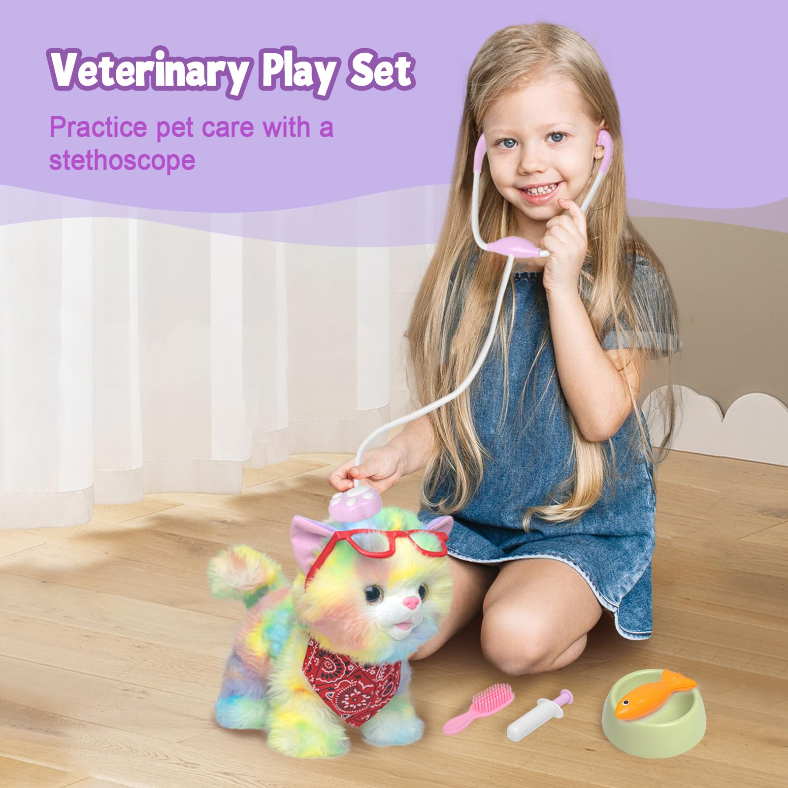 YH YUHUNG Gato de Juguete teledirigido Que Camina, maúlla y Mueve la Cola, Sensor táctil/Voz, Set de Juego Veterinario, 3×AAA no Incluidas, 3+