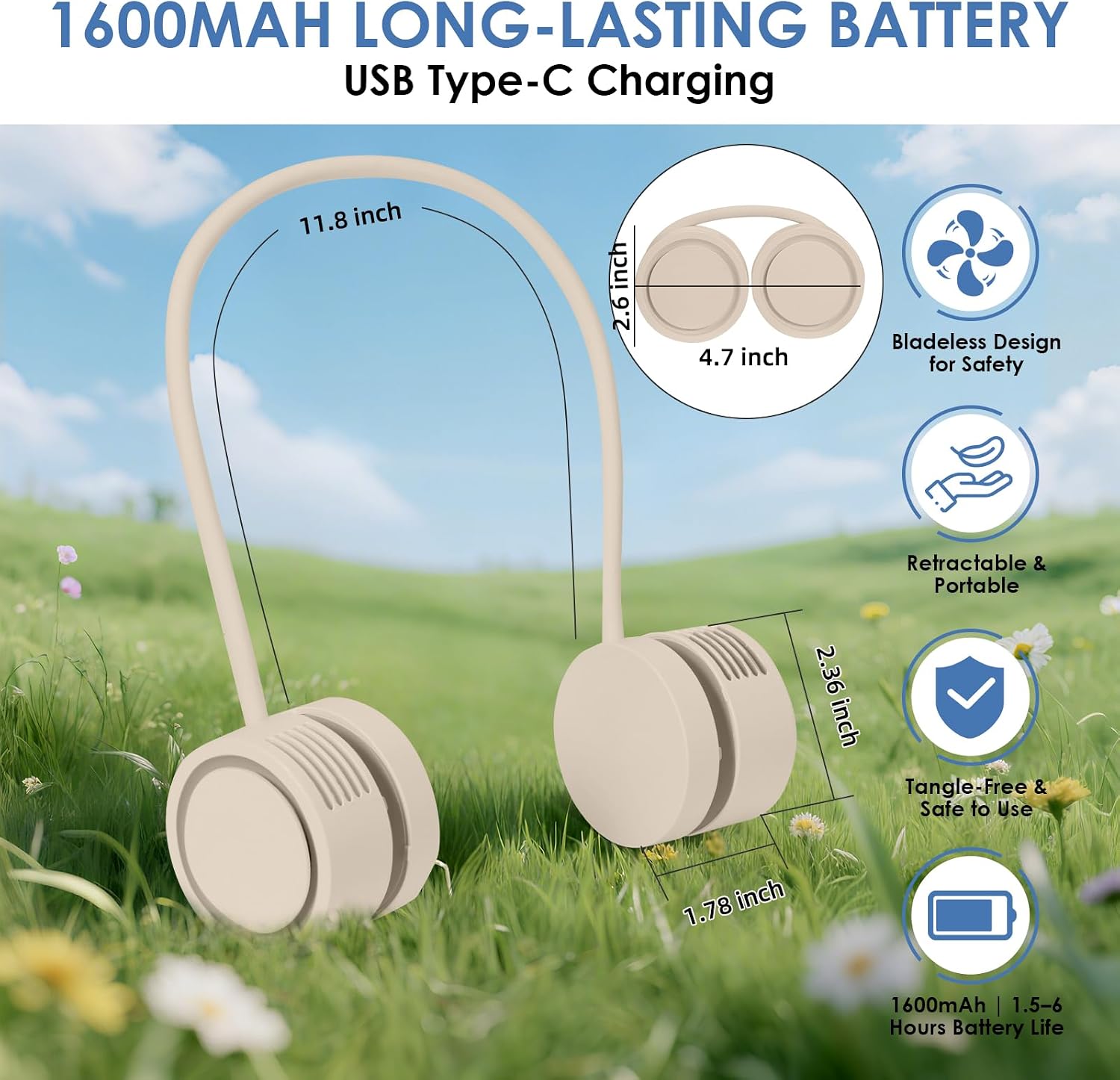 ZEMIRO CHARGE Neck Fan, Portable Bladeless Wearable Fan with 360° Airflow, 3 Speeds, 1600mAh Rechargeable Battery, Quiet Foldable USB Personal Fan for Men, Women, Outdoor, Travel, Gift