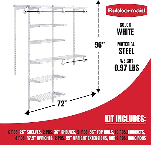 Miniatura 2 de Rubbermaid Configurations - Kit de armario de lujo blanco 3-6 pies kit de estantería de alambre con estantería expandible y varillas telescópicas