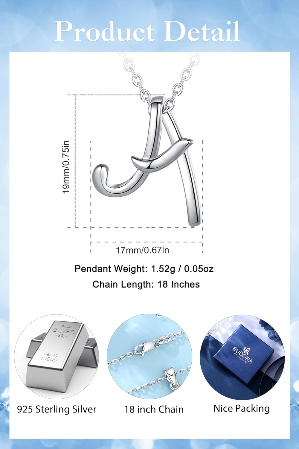 EUDORA Sterling Silver Initial Necklaces for Women, Classic 26 Letter Neckless Gifts for Girls, Sister, Mother Daughter, 18 inch Chain - Image 6