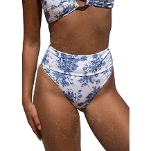 BERLOOK Womens Floral High Cut Wide Waistband Ribbed Tummy Control Coverage Bikini Bottom
