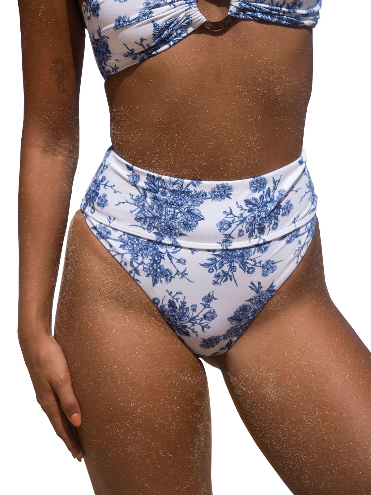 BERLOOKWomen's Floral High Cut Wide Waistband Ribbed Tummy Control Coverage Bikini Bottom