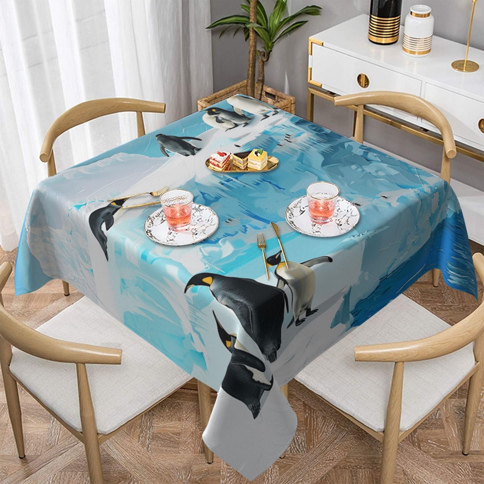 WPKJU Penguin on The Iceberg Printed Square Tablecloth 54x54 inch Water Resistant Table Cover Washable Rectangle Table Cloth for Dining Tables