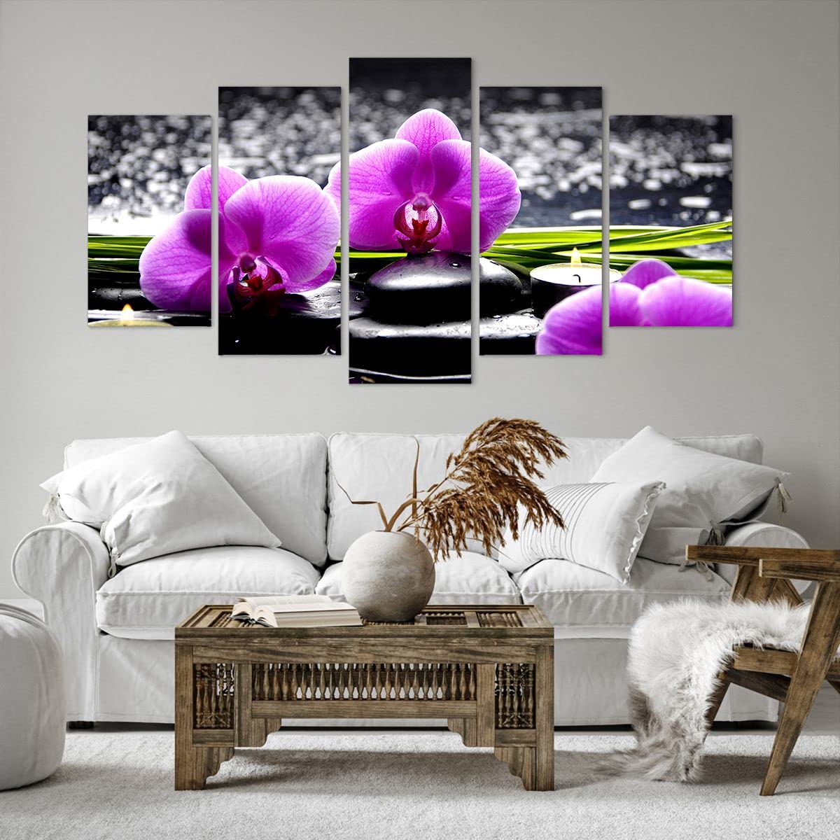 Wandbilder Dekoration Wohnzimmer Orchidee Natur Wasser Blume Bilder auf Leinwand 160x85cm Leinwandbild Schlafzimmer Set 5 teilige Wand Kunstdruck Art Groß XXL Wanddeko Bild Canvas EA160x85-2658