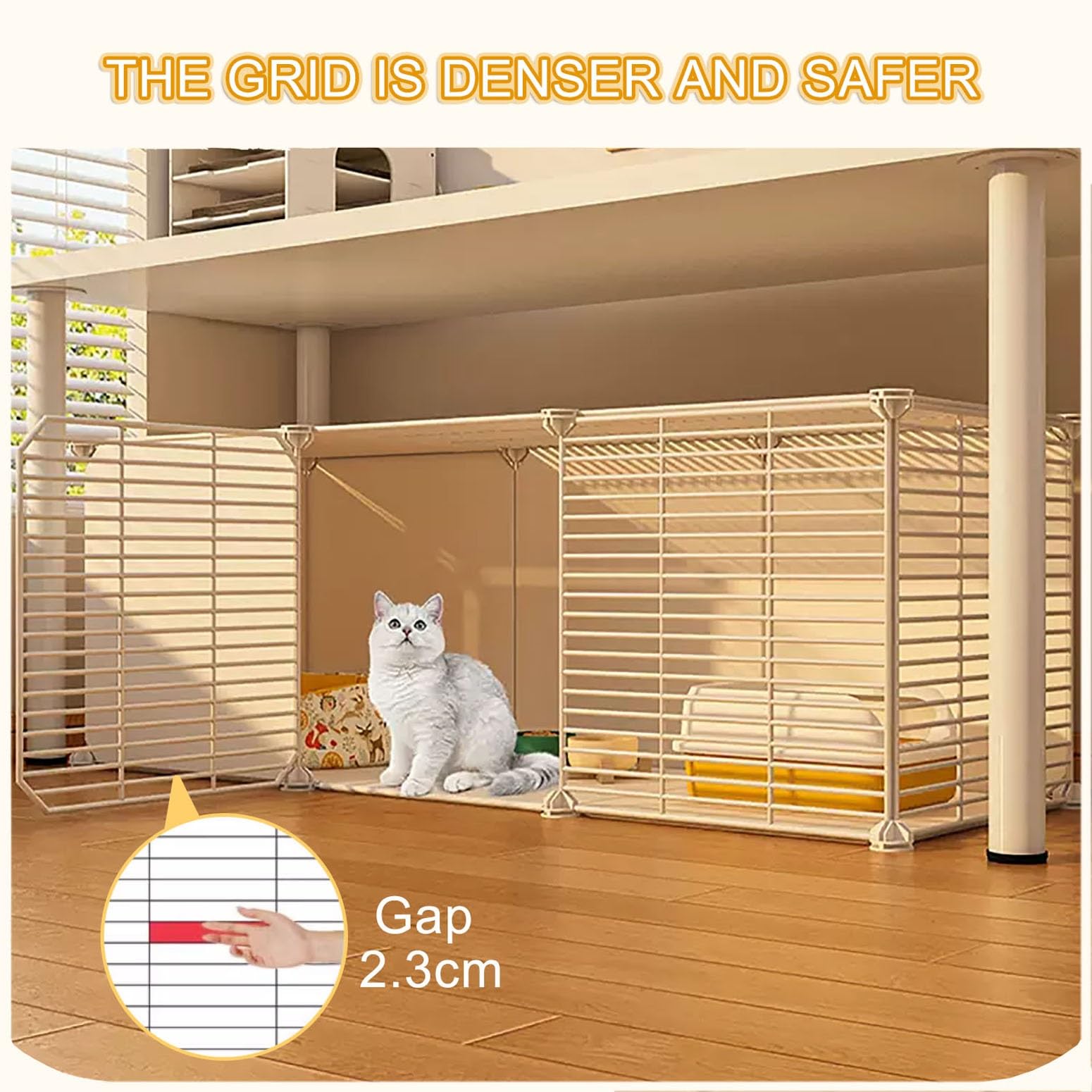 Cage pour Chats Intérieurs avec Bac à Litière, Enclos Chat Balcon Grille de Raffinement DIY, 111x39x37cm