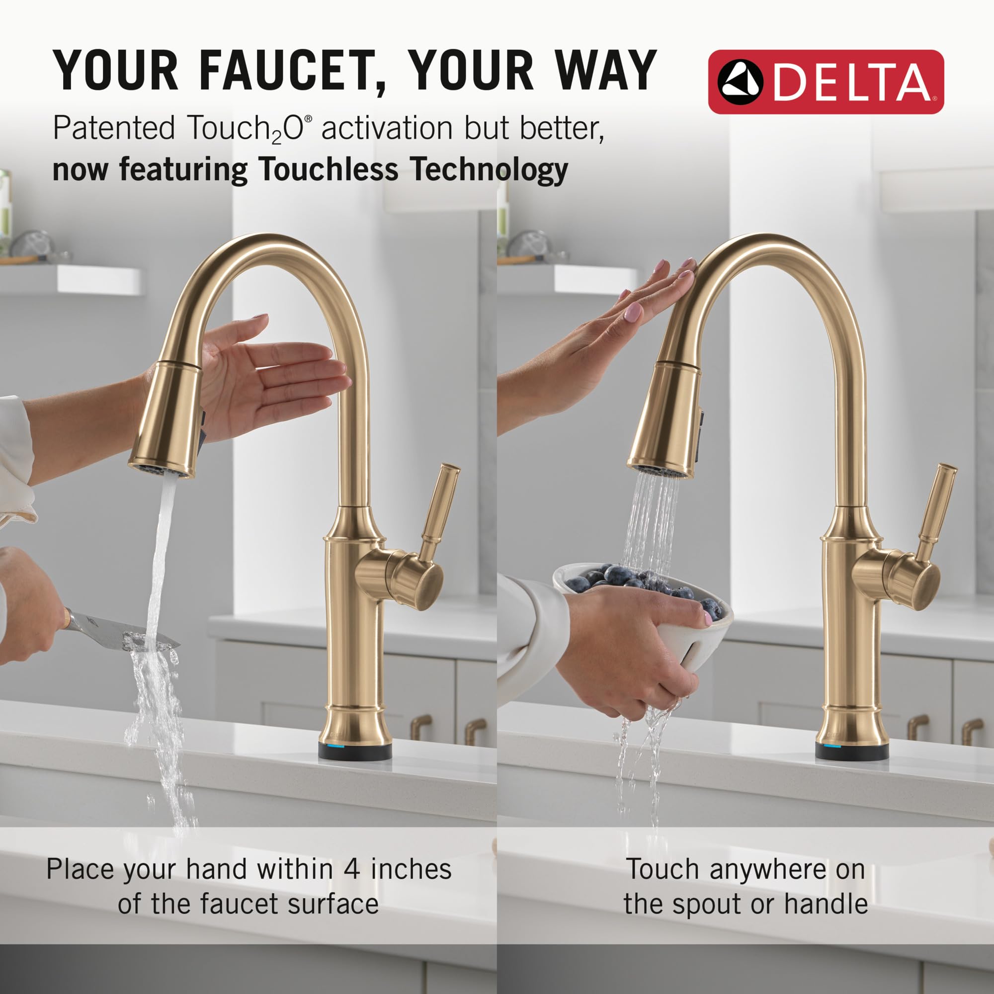 Delta Renaldi - Grifo de cocina sin contacto con tecnología táctil, grifo de fregadero de cocina ProClean de alta presión con rociador extraíble, un solo agujero, bronce champán 9184TL-CZ-PR-DST