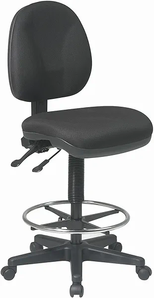 Office Star DC Series Deluxe Ergonomic Adjustable Padded Drafting Chair with 18.5 Inch Chromed Footring and Dual Wheel Carpet Casters, Icon Black Fabric