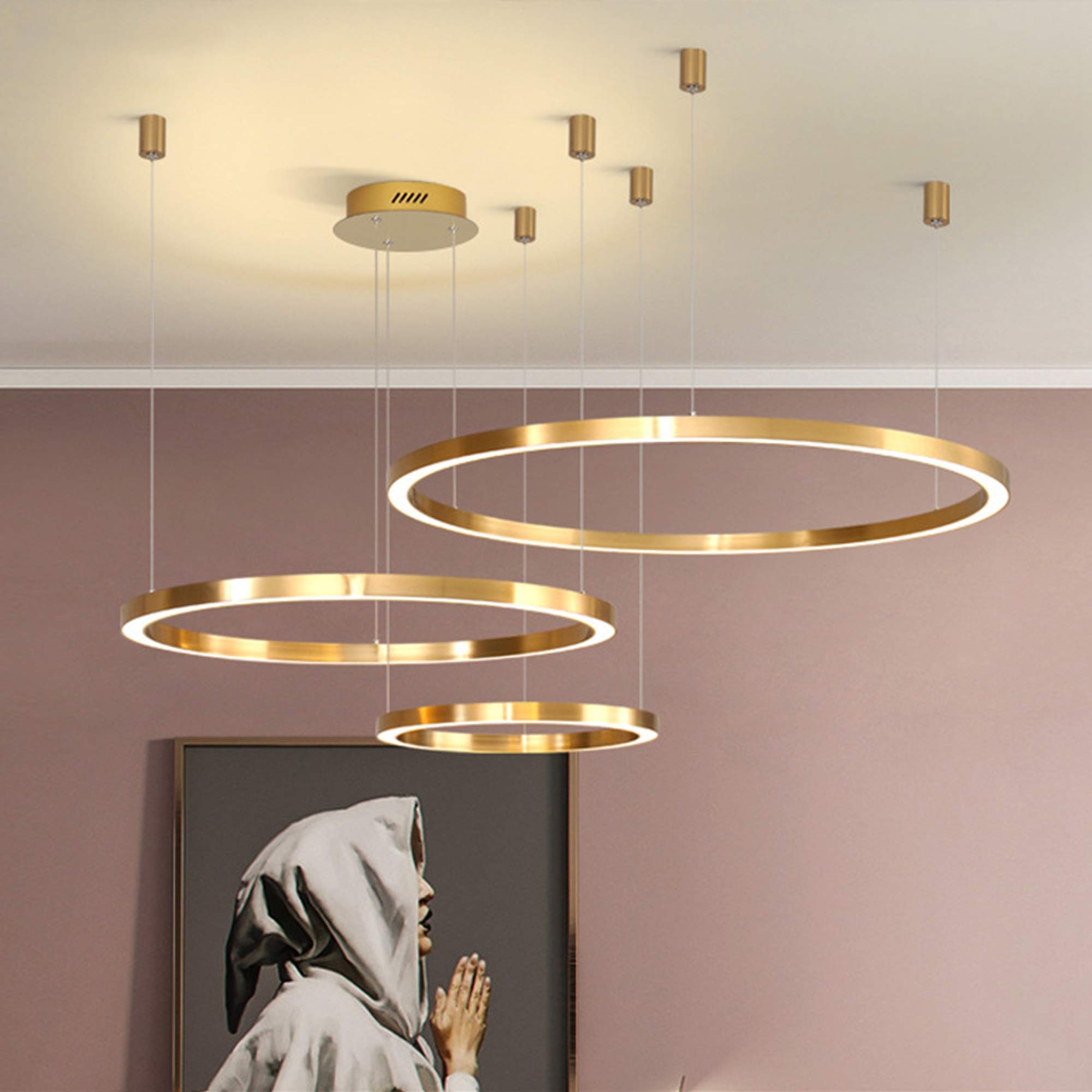 LED Pendelleuchte Hängeleuchte Hängelampe Moderne Ring Kronleuchter Fernbedienung Dimmbar Pendellampe Einstellbare Deckenleuchte Cafe Wohnzimmer Esszimmer Dekoration Deckenbeleuchtung 4Rings