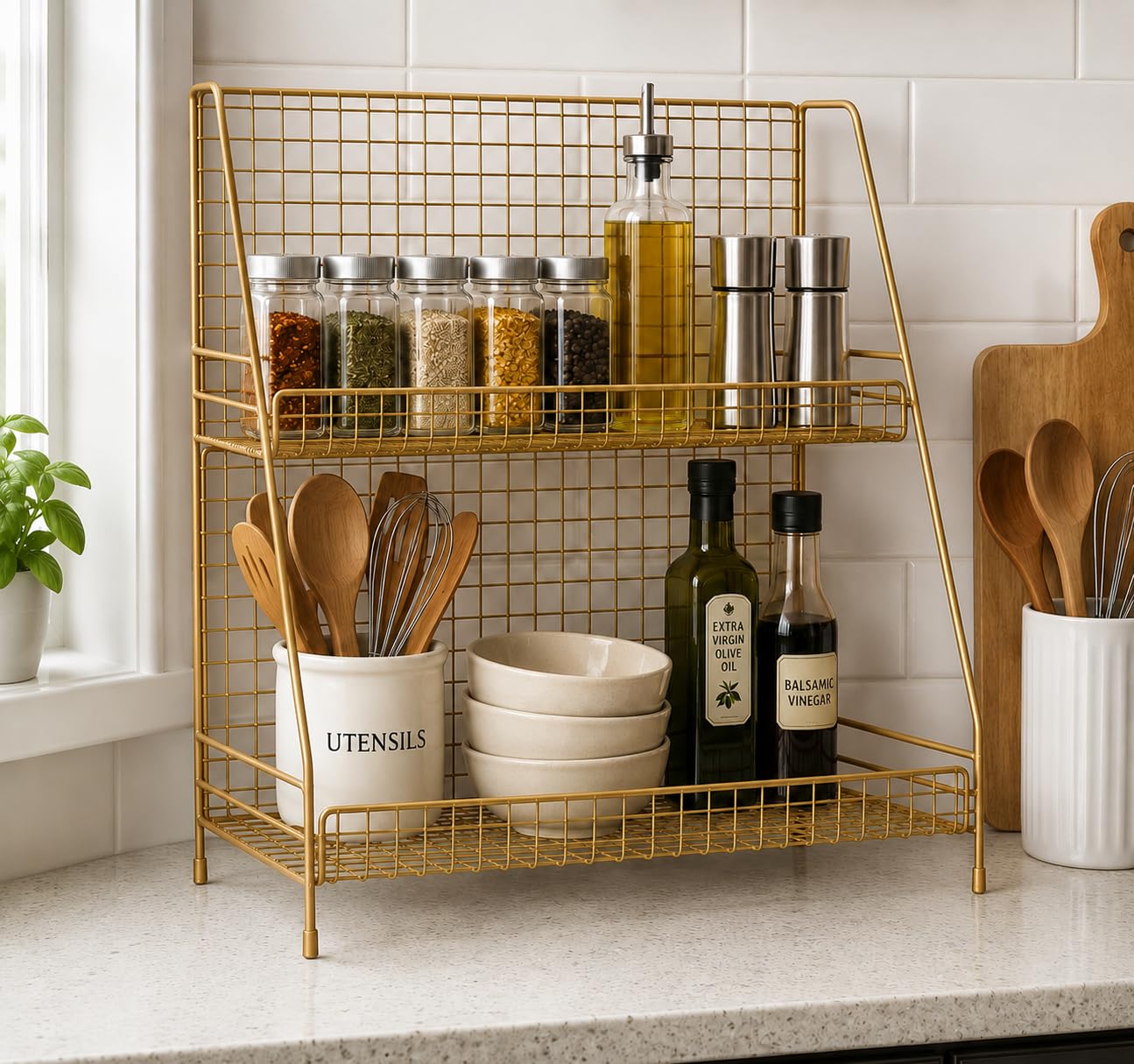 62490 Space saving golden 2-Tier Organizer Rack, Wire Basket Storage Container Countertop Shelf for Kitchenware Bathroom Cans Foods Spice Office and More - Golden-image-24