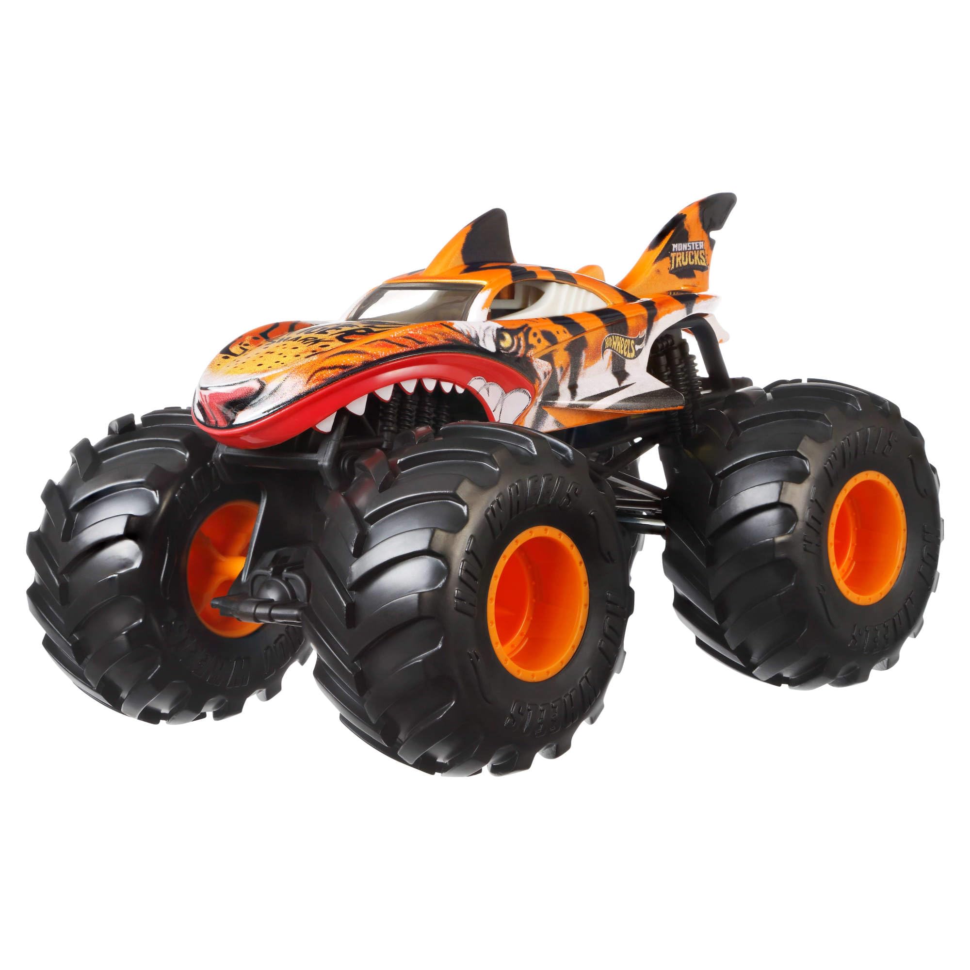 Hot Wheels Monster Trucks - Tiger Shark Oversize, Veicolo in Scala 1:24 con Ruote giganti e carrozzeria in Metallo, Perfetto per Le acrobazie, Giocattolo per Bambini, 3+ Anni, JDR02