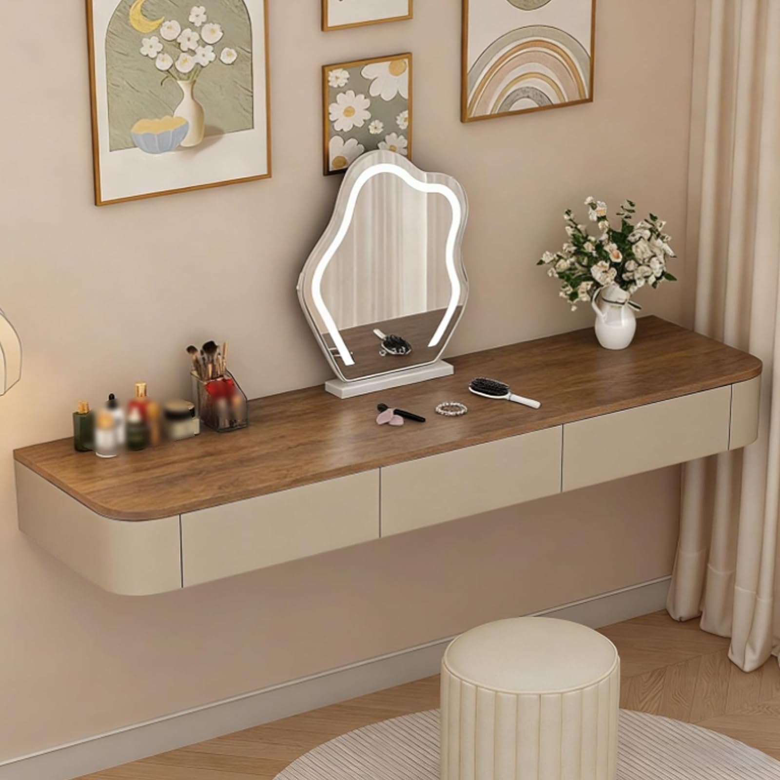 Pływająca zakładka do makijażu Vani z litego drewna z wypustkami w pełni zmontowana na ścianie opatrunek okrągły narożnik design 140 cm khaki dąb blat i