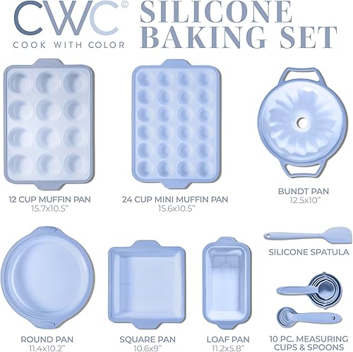 Miniatura 8 de COOK WITH COLOR Juego de 17 piezas de moldes de silicona para hornear - Moldes antiadherentes y fáciles de limpiar para magdalenas con marco