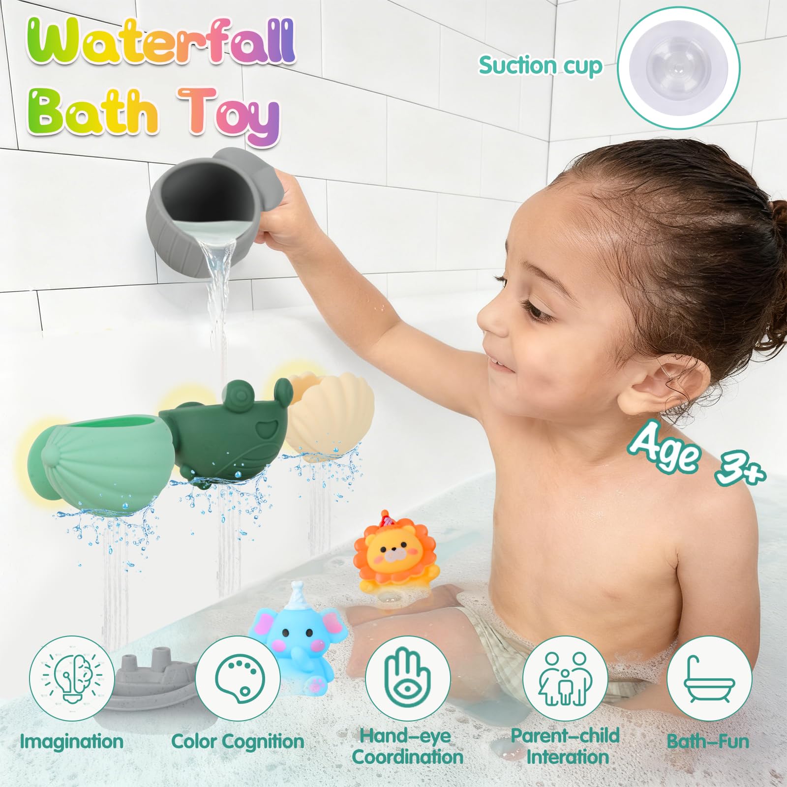Giochi Bagnetto, 16 Pezzi Giocattoli da Bagno per Bambini con Tazza a Cascata Barchette da Bagno Impilabili e Giocattoli Animali Giungla,Giocattolo a Acqua per Bagno, Piscina, Spiaggia