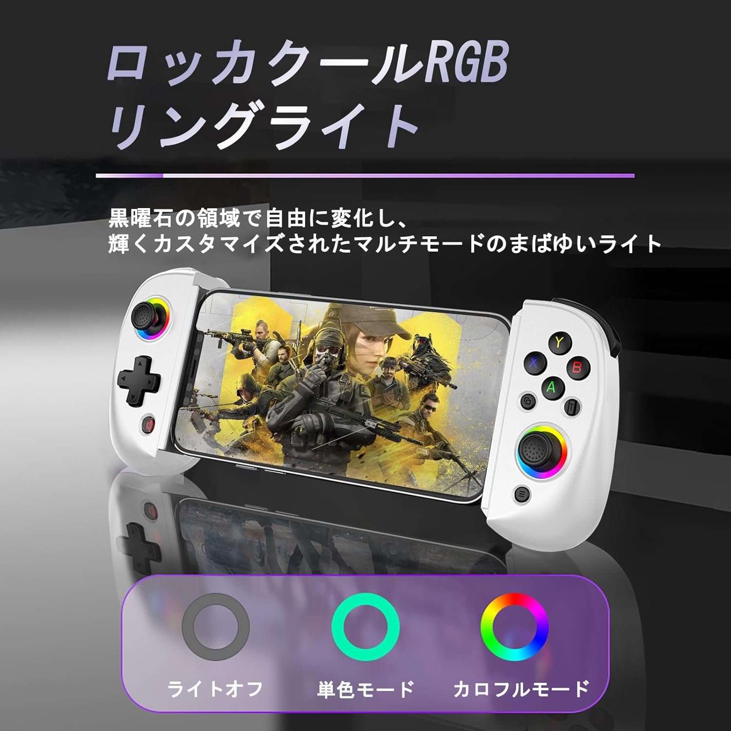 Megadream Game Controller with RGB ring lights around the joysticks, showing light off, single color, and colorful modes.