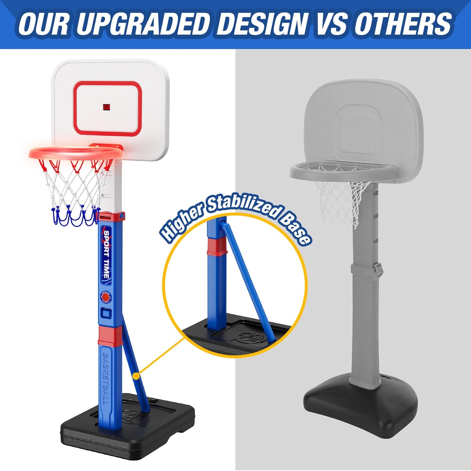 Toddler Basketball Hoop with Scoreboard/LED Basketball Rim/4 Balls, 55" Height Adjustable Basketball Hoop for Kids 3-5, Indoor Outdoor Sport Toys Birthday Gifts for Baby Boys Girls