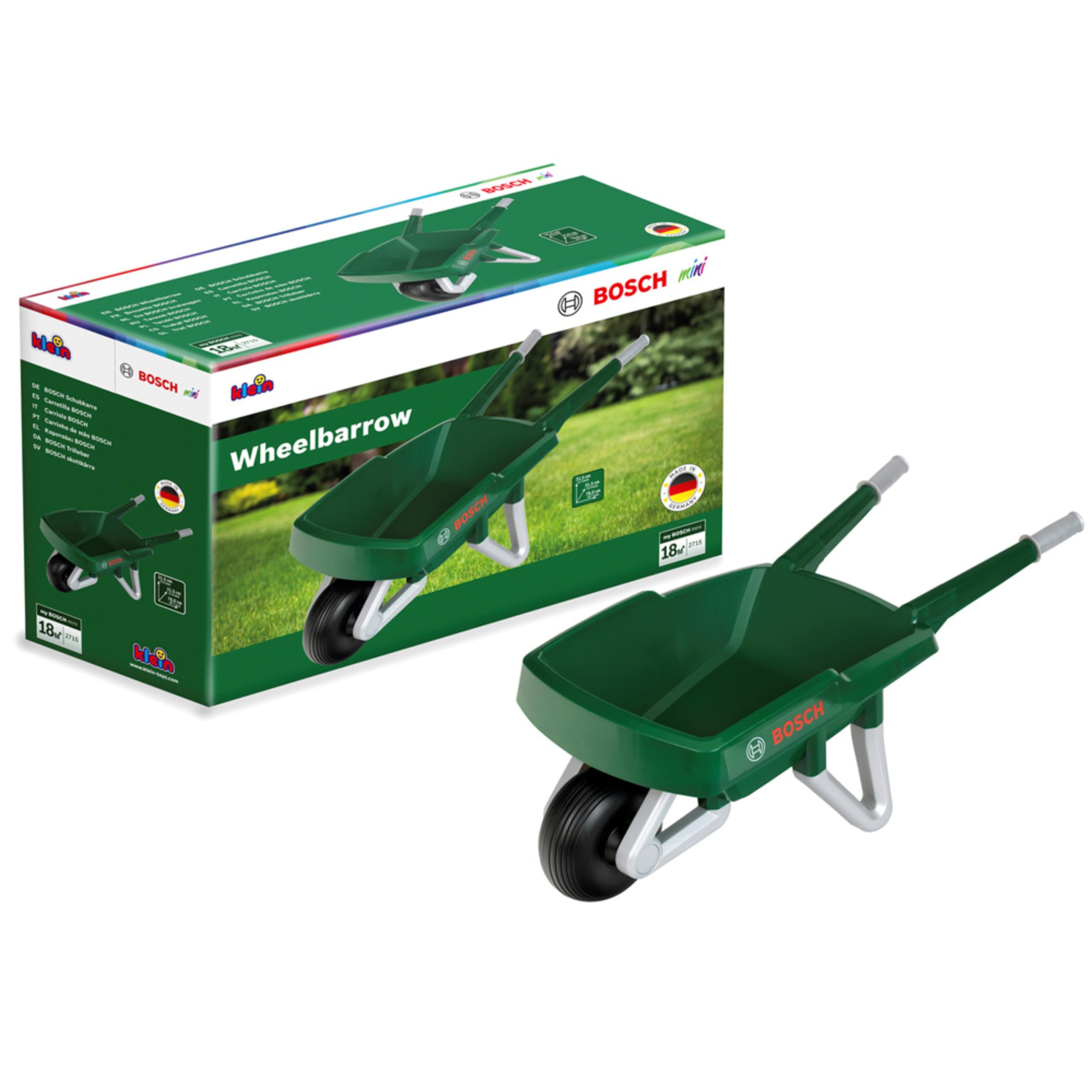 Theo Klein 2715 Bosch Carriola da Giardino, Robusta carriola per piccoli giardinieri, Ottimo come giocattolo da giardino e per attività all'aperto, Anti-UV, Giocattolo per bambini dai 18 mesi in su