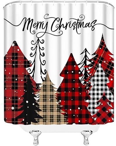 Miniatura 3 de ZKJSMGS Cortina de ducha para árbol de Navidad, pino de Navidad, diseño de copos de nieve a cuadros rojo y negro, diseño de copos de nieve para