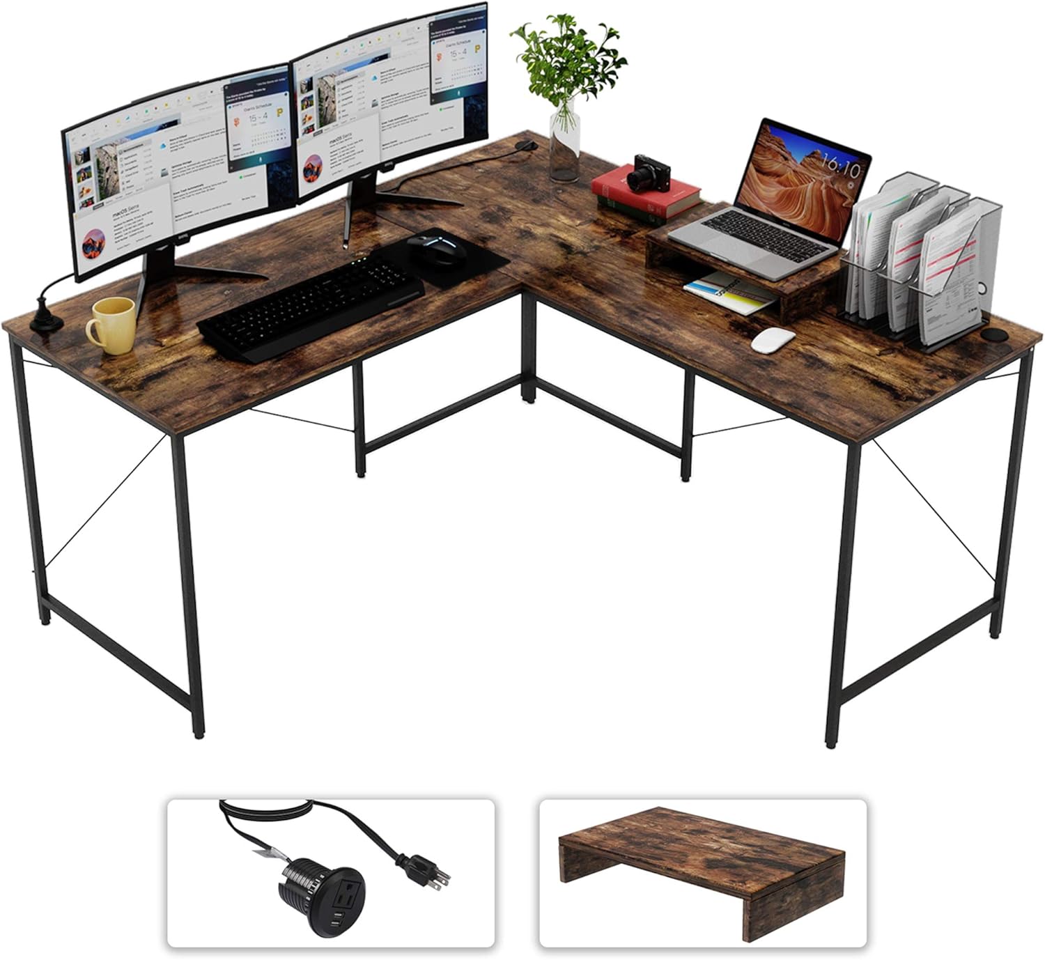 Bestier L Shaped Desk 95.2 Inch with Power Outlet Reversible Corner Office Desk or 2 Person Long Table for Home Large Gaming Writing Workstation with Monitor Stand and 2 Cable Holes, Rustic Brown : Home & Kitchen