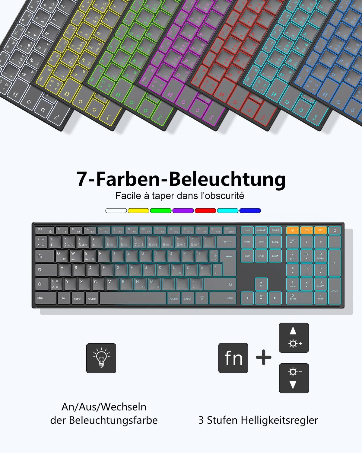OMOTON Kabellose Tastatur Beleuchtet, Bluetooth + 2,4G, Graphit | Metallgehäuse, Wiederaufladbare, Multi-Device, Funktastatur Leise, Ergonomische, Deutsches QWERTZ Layout für Windows PC/MAC