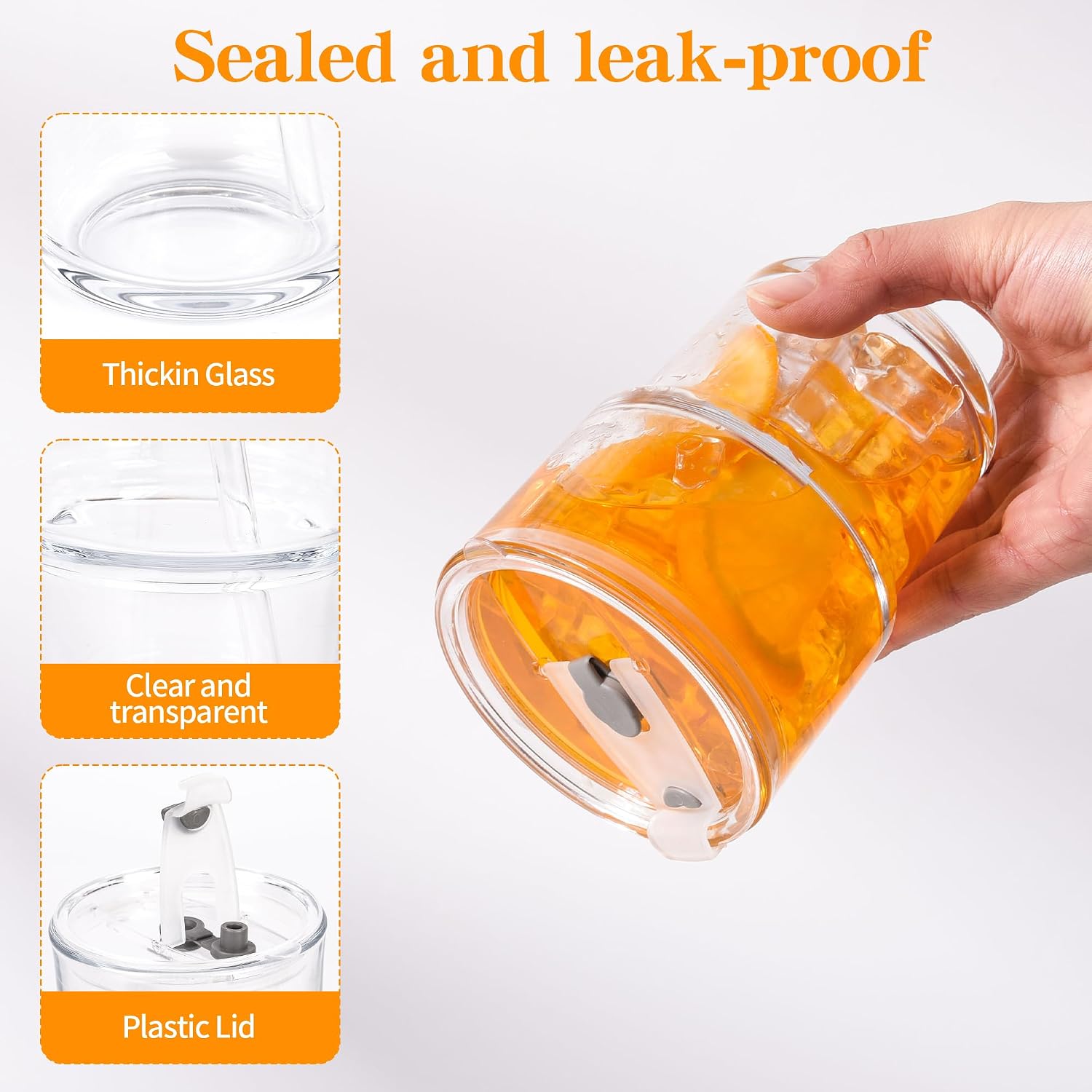 15oz Iced Coffee Cups with Lids Reusable,2Pcs Glass Matcha Cups,Glass Cups with Lids and Straws,Clear Glass Coffee Tumbler for Drinking Water,Tea,Juice image 4