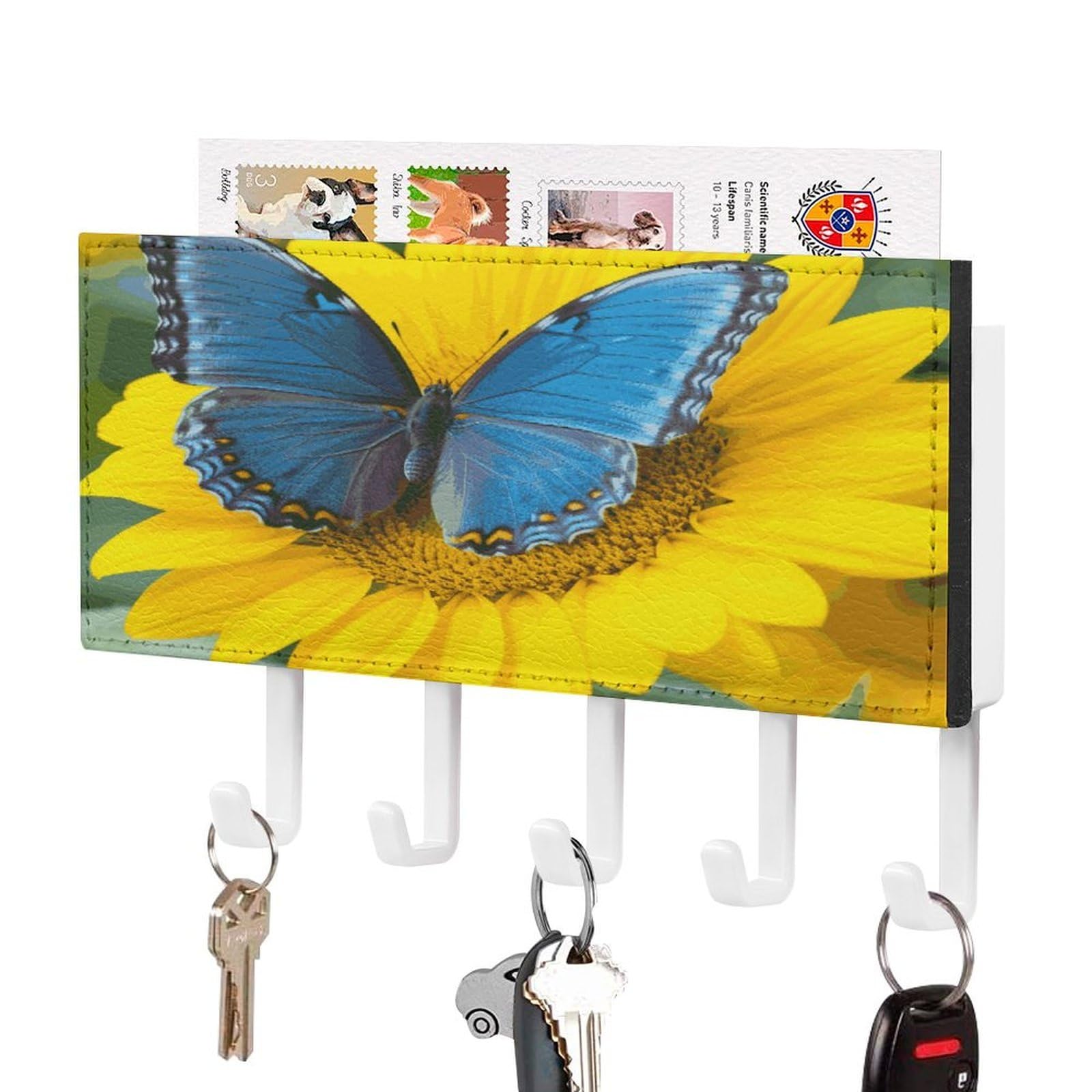 LDGSUPH Sunflower Blue Butterfly Key Holder Wall Mount Key Hanger with 5 Hooks Fashion Key Organizer Rack Hanging Key Hooks with Mail Organizer Key Rack for Home Entryway Hallway White-Style