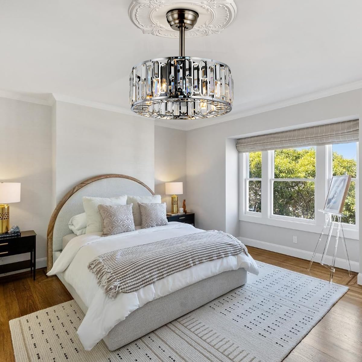 MORE CHANGE 18" Crystal Chandelier Ceiling Fan with Light and Remote, Industrial Enclosed Bladeless Silver Fandelier Ceiling Fan 3 Speeds Timer for Farmhouse Kitchen Island