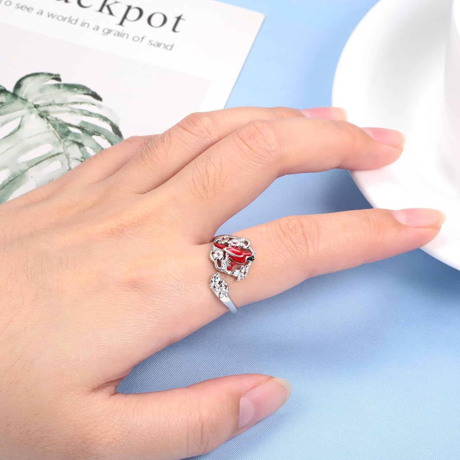 925 Sterling Silver Cardinal Spoon Ring Adjustable Red Bird Memorial Jewelry Gifts for Women