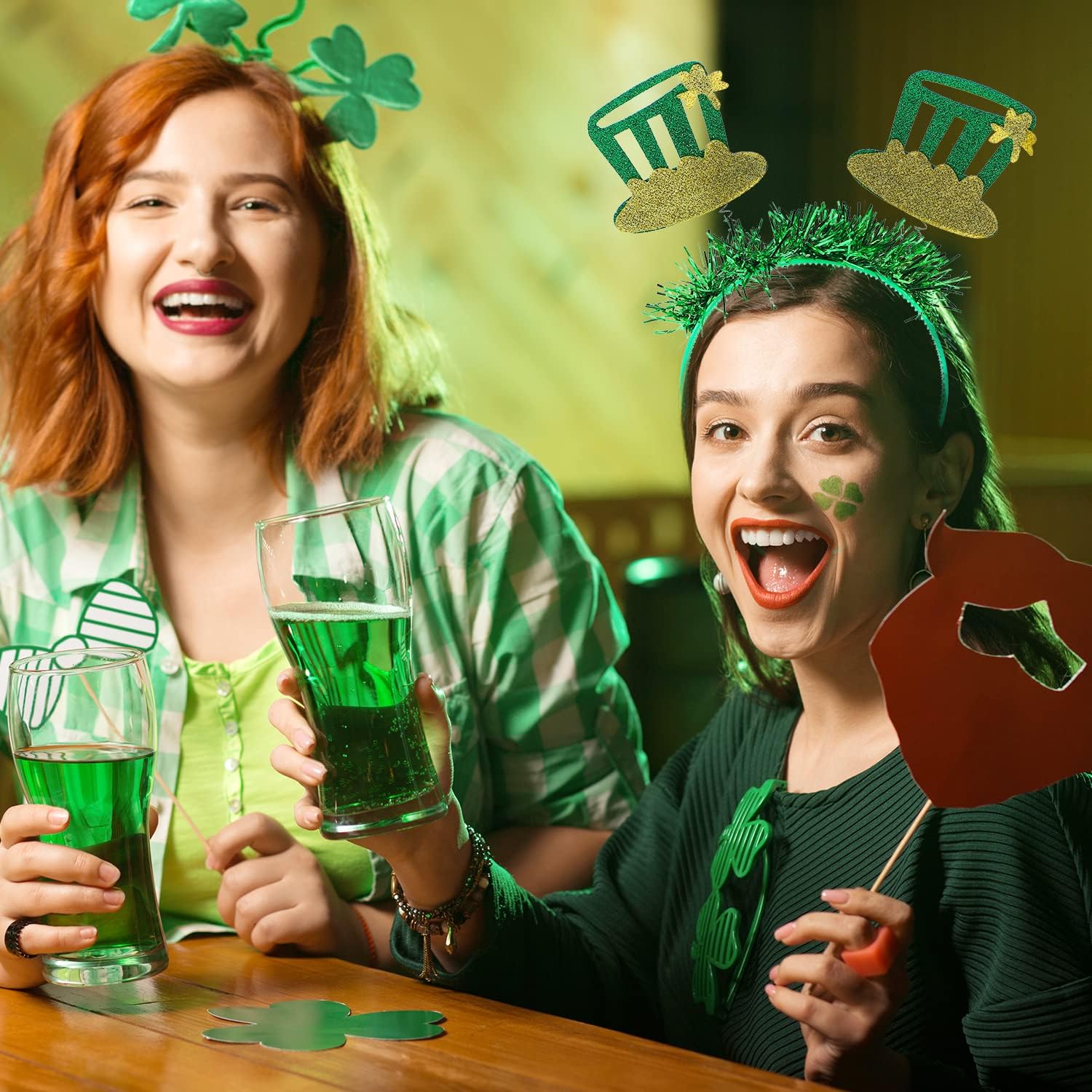 6 Pieces St. Patrick’s Day Party Decoration Shamrock Clover Hat Headbands (1pair hair clips included)