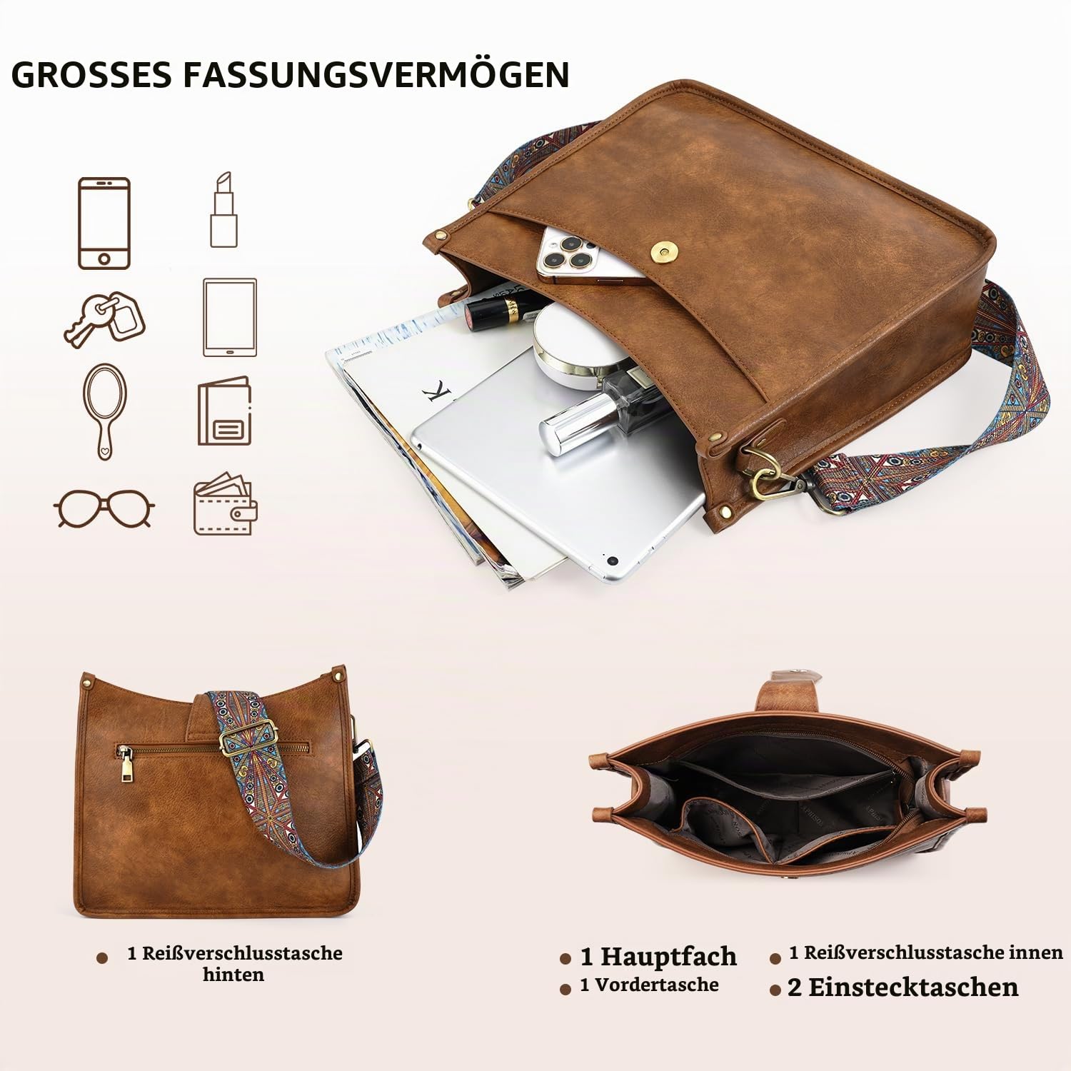 Handtasche Damen Mittelgroß Umhängetasche schwarz Crossbody Bag mit Breiter Gurt Schultertasche Hobo Bag veganem Leder Tasche 2 Schulterriemen Kartenschlitz Reisetasche