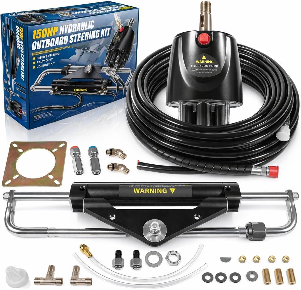 Upgrade 150HP Hydraulic Outboard Steering Kit Boat Marine System, Built-in Two-Way Lock Hydraulic Cylinder, 150 HP Helm Pump, w/ 26ft Hydraulic Steering Hose for Single Station, Single-Engine Use