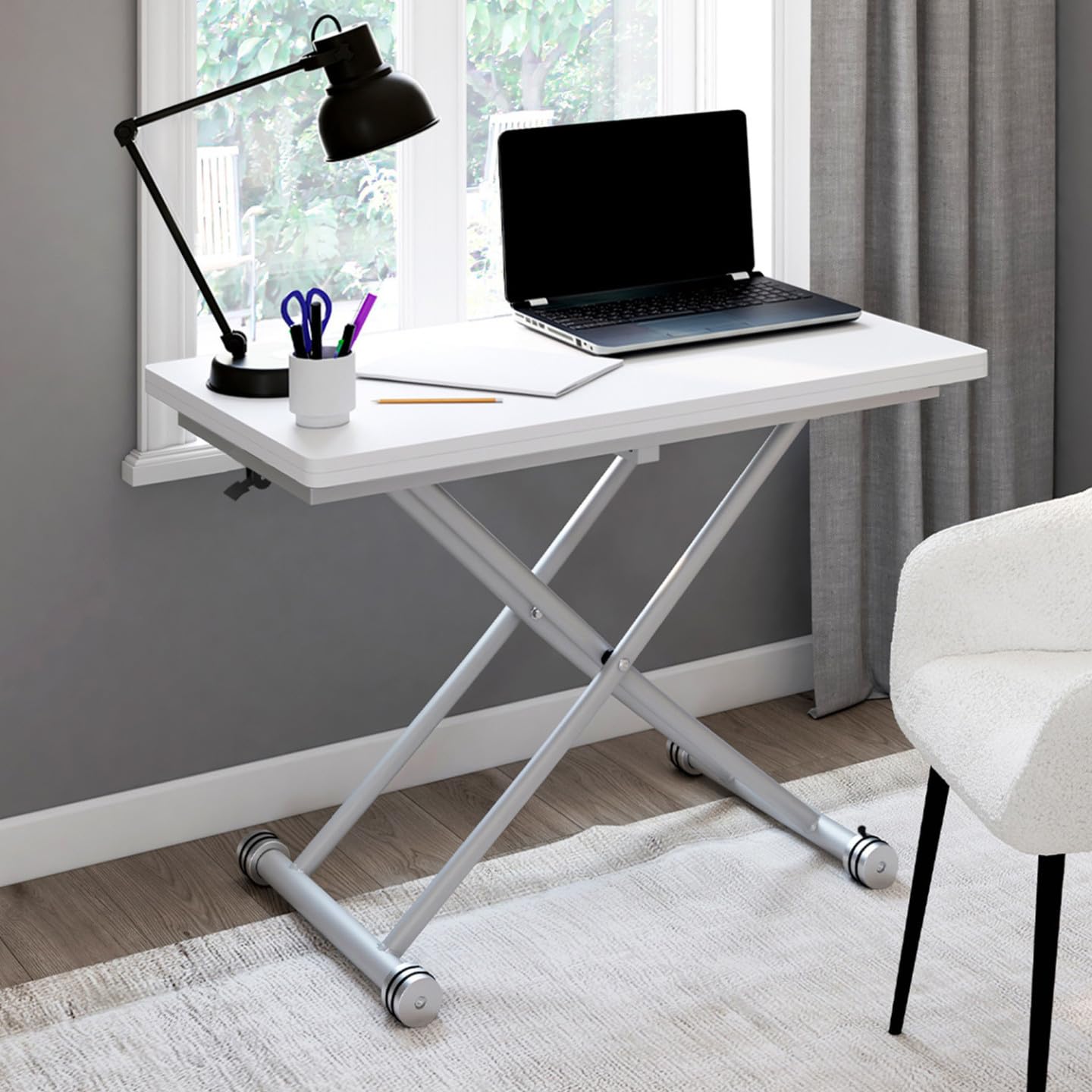 IDMarket - Mesita URBANA, transformable en mesa de comedor rectangular, superficie blanca, base cromada
