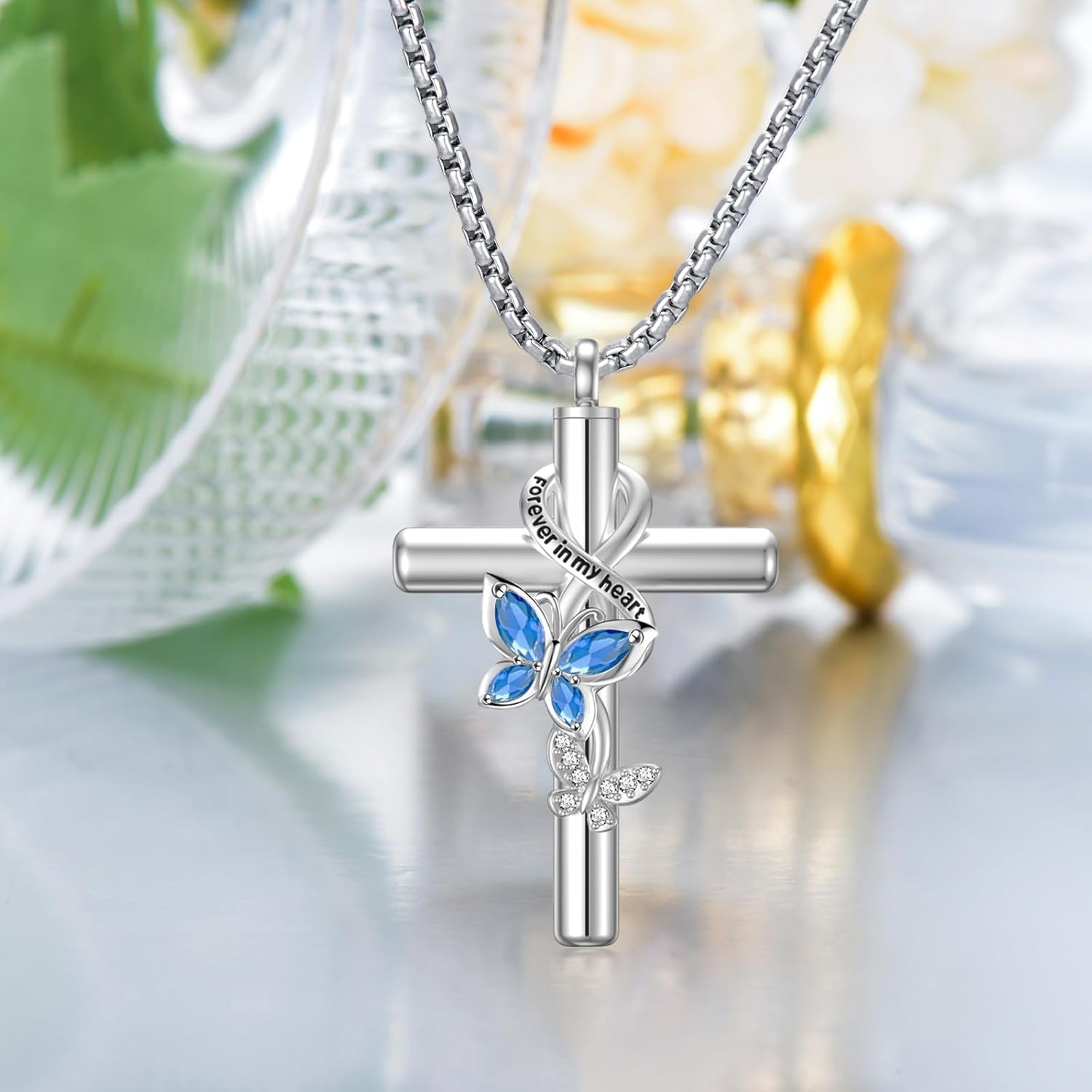 Birthstone Butterfly Cross Urn Necklaces for Ashes White Gold Plated Sterling Silver Cremation Keepsake Necklace w/Funnel Filler Memorial Pendant for Ashes for Human Women Pet