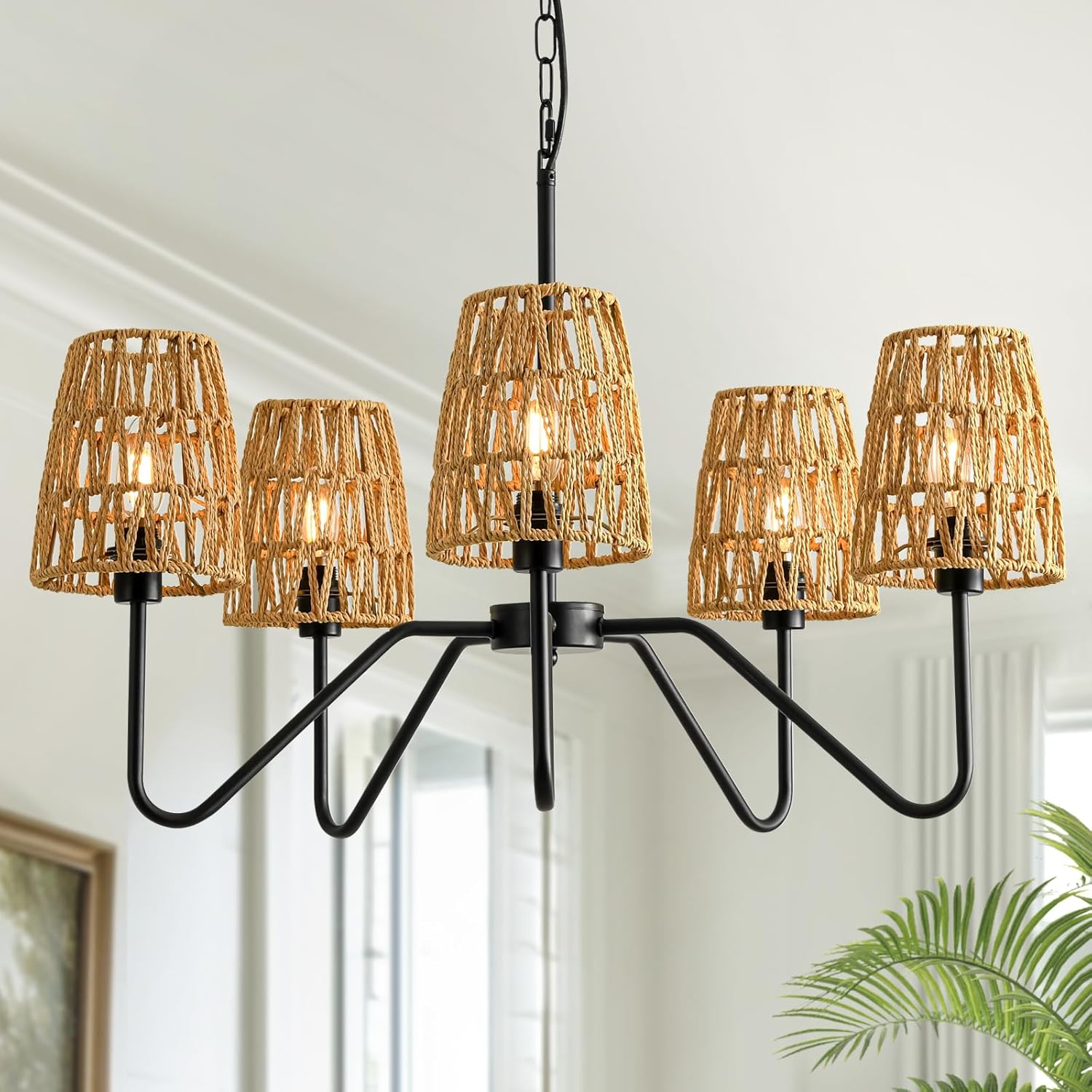 5-Light Rattan Chandelier for Dining Room, Farmhouse Boho Pendant Light Fixture Over Table with Rattan Shade Classic Ceiling Hanging Lighting for Kitchen Island, Living Room, Bedroom 5-Light 27 in